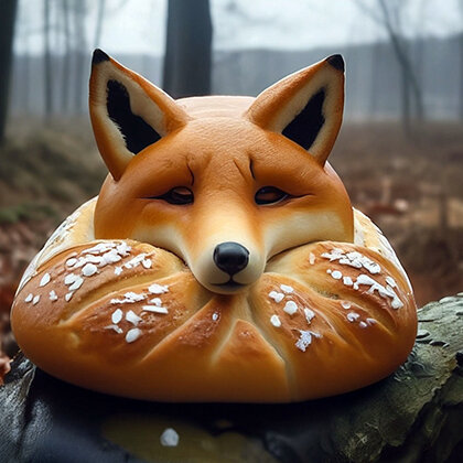 Колобок в объединении с лисой. Изображение сгенерировано нейросетью Шедеврум.