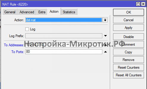 Вкладка Action
Action: dst-nat
Перенаправление «за NAT»
To Addresses: 172.16.0.10
На какой IP отправляем порт
To Ports: 80
На какой порт направляем