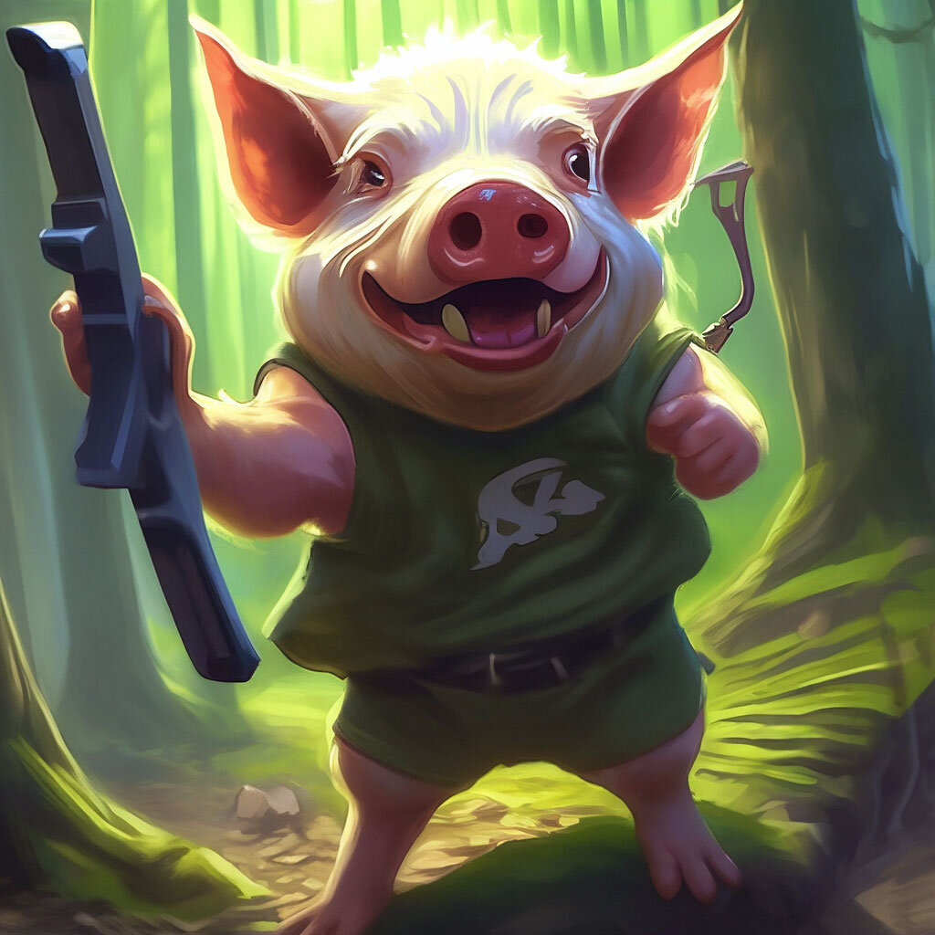 Хрюшка с опушки. Нейросеть Шедеврум. Рогатку, как оказалось, нейросети не умеют рисовать. 