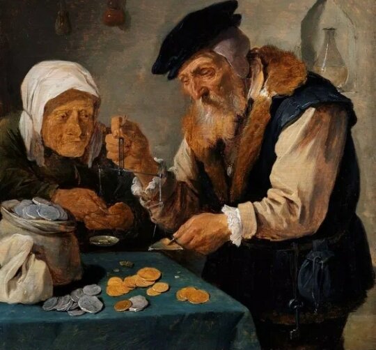 Давид Тенирс. Аллегория жадности: старики, взвешивающие деньги. Источник - интернет.