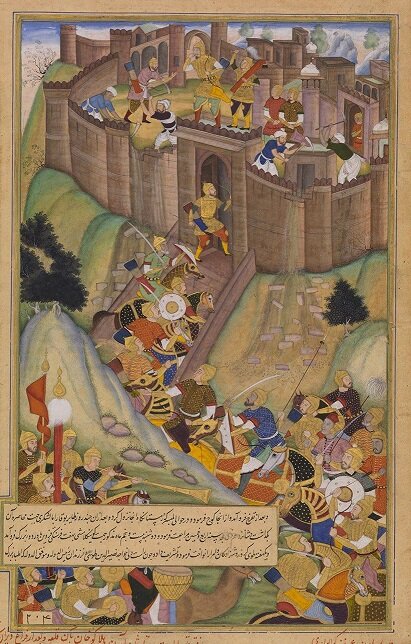 Хулагу-хан разрушает крепость Аламут. Миниатюра. 1596 год