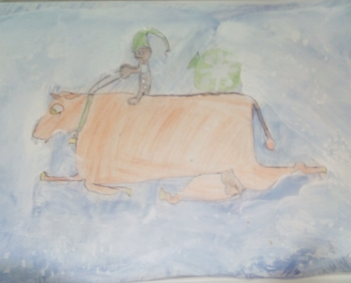 Корову оседлал печеночный человечек, посыпав шоколадной "пыльцой фей", поэтому корова летит.