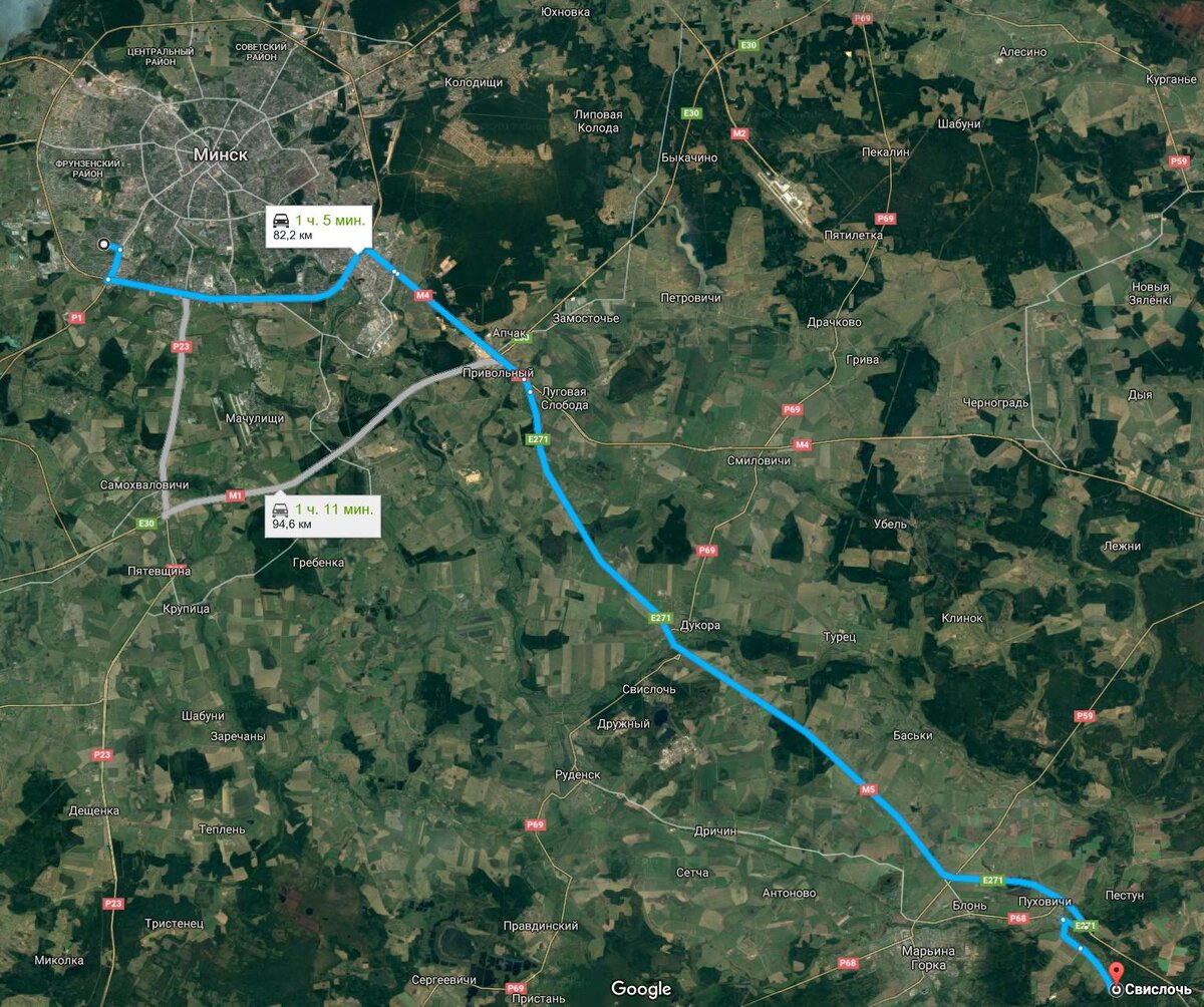 Например, хотим попасть из Малиновки на Свислочь в районе Пухович, жмем кнопки и получаем что то вроде этого.

Видна реальная дистанция до точки по дорогам, а не по прямой, и можно нормально прикинуть сколько времени придется добираться.