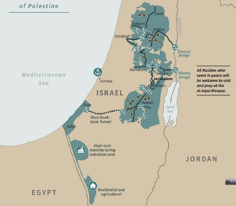 Карта Палестины по "Сделке века". Фото из Твиттера Трампа. https://twitter.com/realDonaldTrump/status/1222224528065155072/photo/1 