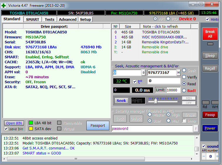 Окно программы Victoria 4.47
