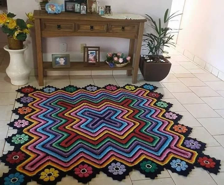 Ponto do Bordado: Tapete de barbante colorido crochê floral Esteira de crochê, T