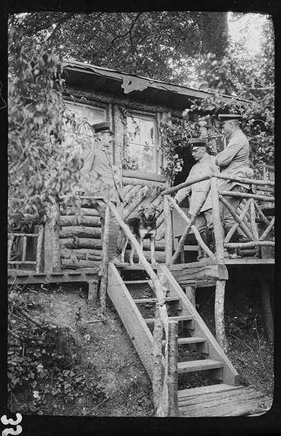 Немецкие офицеры с собакой возле входа в штаб. Западный фронт, 1916 год.