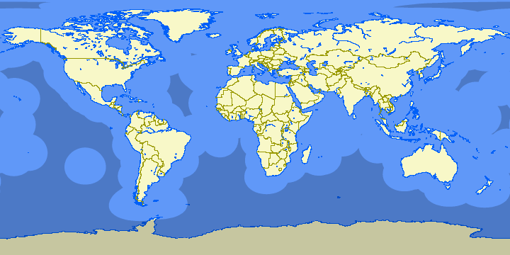 Затемненные области показывают запретные для полетов зоны при ETOPS 120. Фото: Gcmap.com
