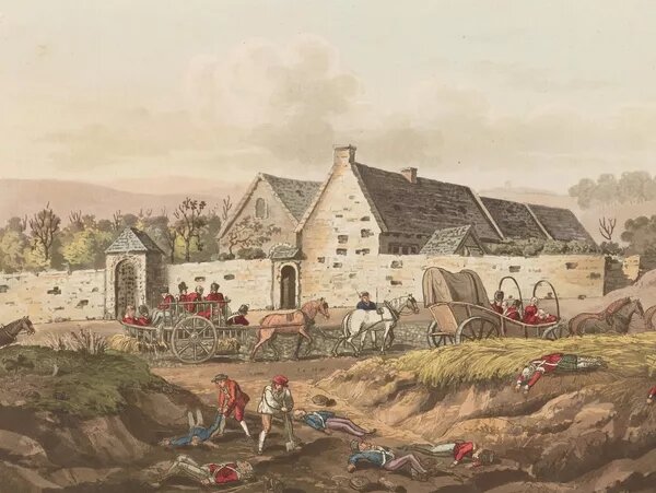 "Ферма Ла-Э-Сент". Акварель Джорджа Крукшенка, 1817. Похоронная бригада использует большую песчаную яму для захоронения. © Public domain