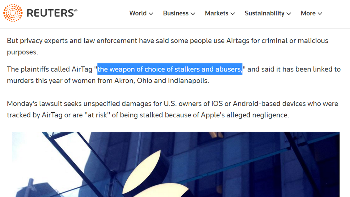 AirTag уже "замешан" в нескольких убийствах женщин в городах Акрон и Индианаполис. Источник: https://www.reuters.com/legal/apple-is-sued-by-women-who-say-airtag-lets-stalkers-track-victims-2022-12-06/
