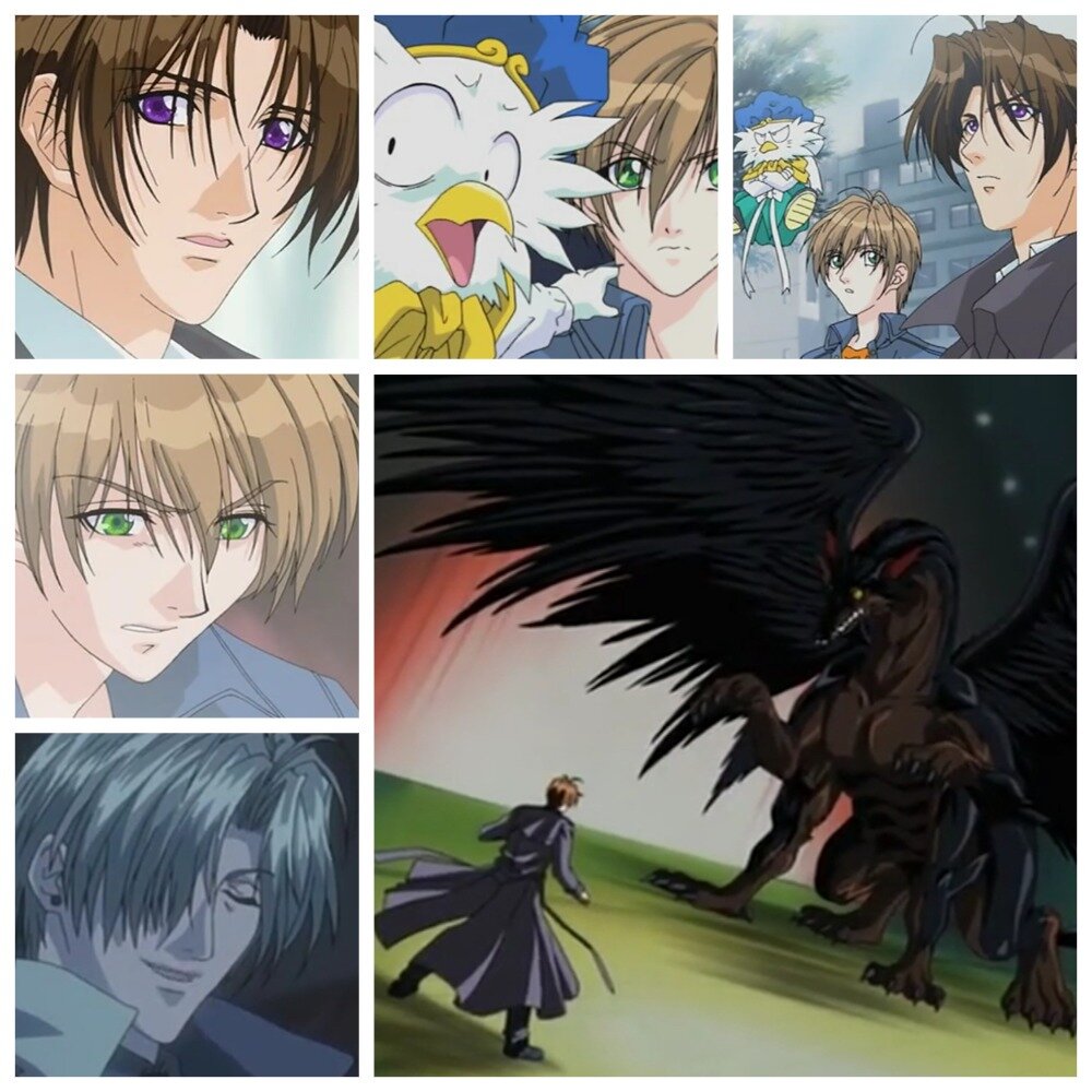 На фото коллаж сделанный мной из скриншотов аниме сериала "Потомки тьмы" (Дети тьмы), 2000г., режиссера Хироко Токита. Коллаж демонстрирует главных персонажей (сверху вниз): богов смерти Цудзуки и Хисоку, доктора Мураки, а так же птичку библиотекаря (белый в синей шапке). Подробнее об этом рассказано в статье. Все материалы размещены исключительно в информационных целях.