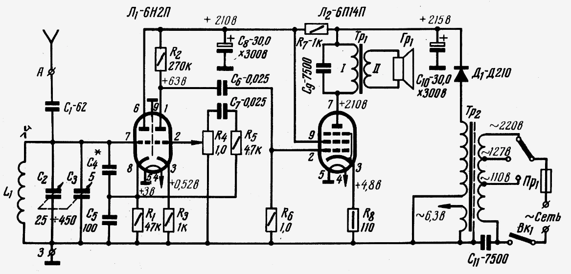Регенеративный приемник на лампах схема принципиальная электрическая