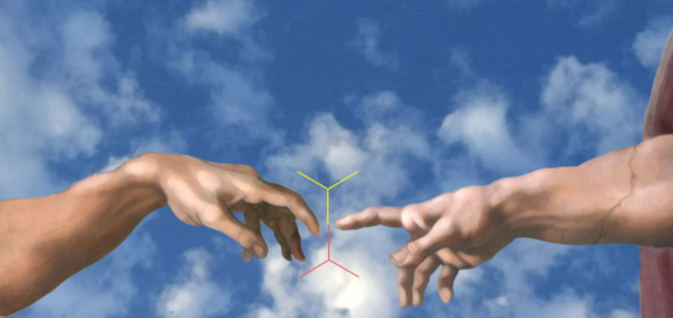 Фотомонтаж на тему «Сотворение мира» Рафаэля: жизнь возникает из соединения духа (нисходящая энергия) и материи (возвратно-восходящая или отраженная энергия этого же духа)