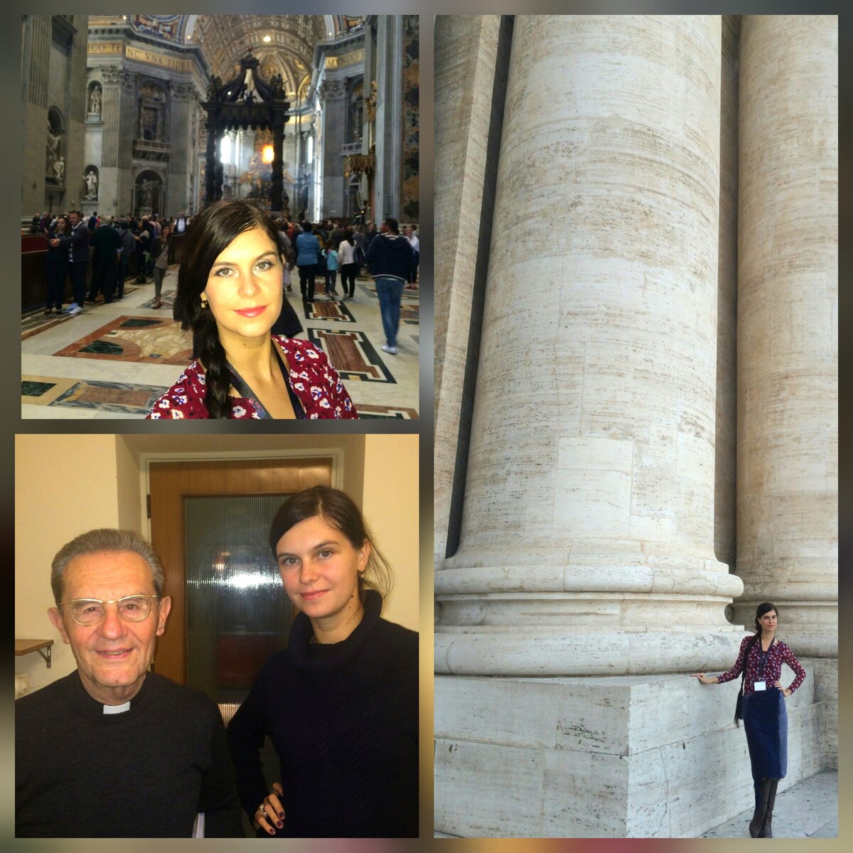 Автор в зале Ватикана, у колонн фасада храма, на встрече с католическим священником, после сотрудничества с конгрессом о защите животных и толерантности, который проводился в Риме (видео конференции в конце статьи; все материалы, фото и видео - из личного архива, для Effect Production)