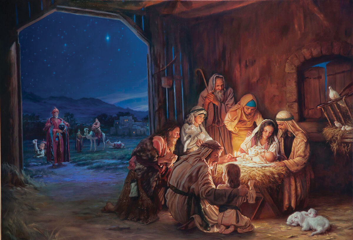 Традиционное видение Рождества - хлев, ясли, пастухи, на подходе волхвы с дарами и Вифлеемская звезда на ночном небе.