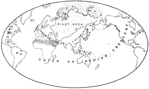 Хартленд, внутренний полумесяц и внешний полумесяц. Источник:  Mackinder, H.J. "The Geographical Pivot of History" , 1904 г.