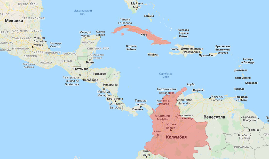 Колумбия и Куба на Гугл карте