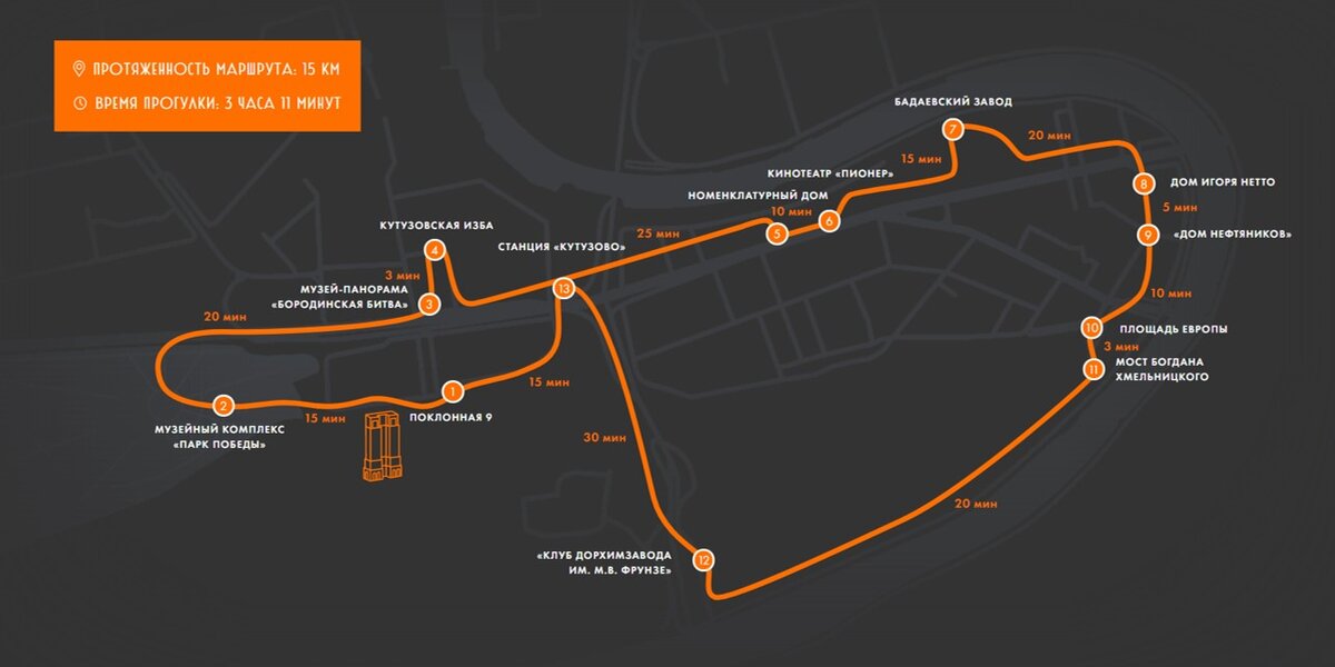 Карта маршрута прогулки от комплекса апартаментов "Поклонная 9"