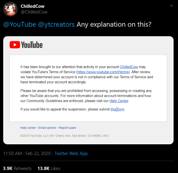 Уведомление о бане канала ChilledCow опубликованное в Twitter