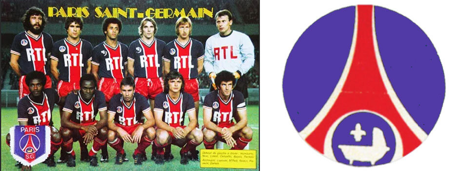 Фото игроков "Пари Сен-Жермен" 1976 года.  В первом ряду справа звезда клуба Мустафа Далеб. На вымпеле - эмблема: стилизованная Эйфелева башня и колыбель короля.