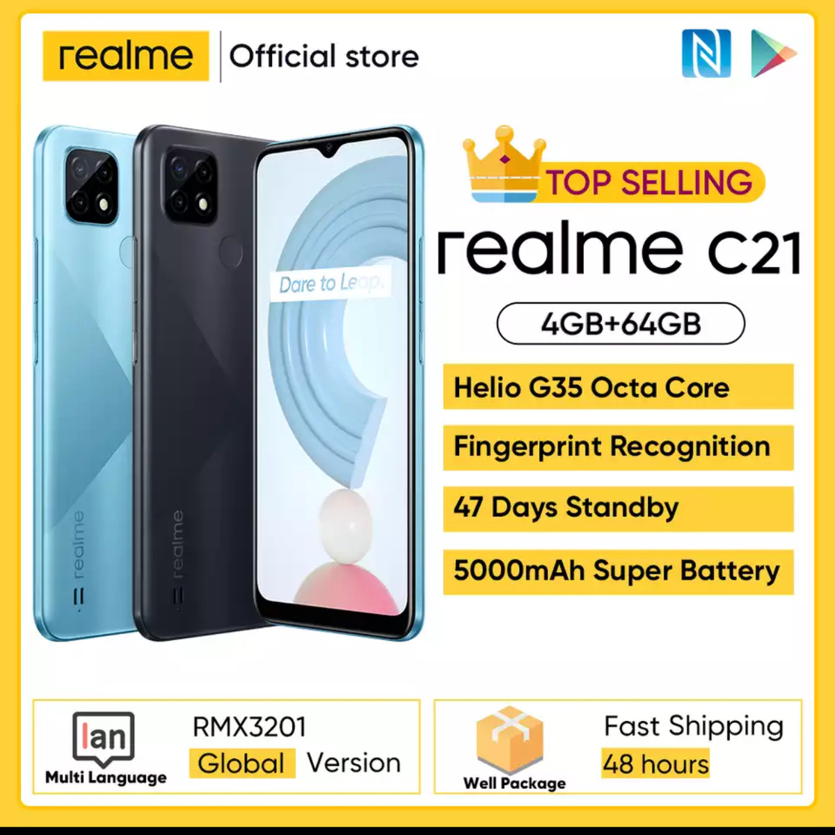 Габариты: 165,2×76,4×8,9 мм, 190 г
Дисплей: 6,5", 1600×720, IPS, Gorilla Glass
Процессор: 8-ядерный MediaTek Helio G35, PowerVR GE8320
Память: 3/4 ГБ ОЗУ, 32/64 ГБ ПЗУ, eMMC 5.1, слот под microSD (до 256 ГБ)
Камеры: 13 Мп, f/2,2 + 2 Мп, f/2,4 макро + 2 Мп, f/2,4 датчик глубины (основная); 5 Мп, f/2,2 (фронтальная)
Батарея: 5000 мАч, зарядка на 10 Вт (в комплекте)
ОС: Android 10 (realme UI)
Связь: microUSB, разъём 3,5 мм, Wi-Fi 4, Bluetooth 5.0, GPS, LTE, NFC