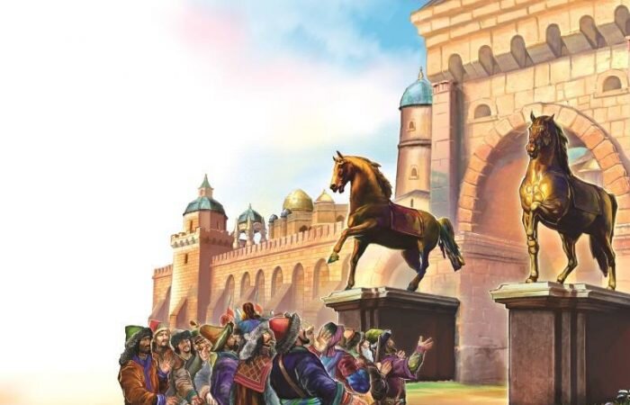 По одной из версий, кони выглядели вот так вот и стояли на входе в Сарай. Или не на входе. Или не в Сарай. Источник: https://comandir.com/wp-content/uploads/2021/05/zolotye-koni-u-vorot-zolotoj-ordy-700x450.jpg