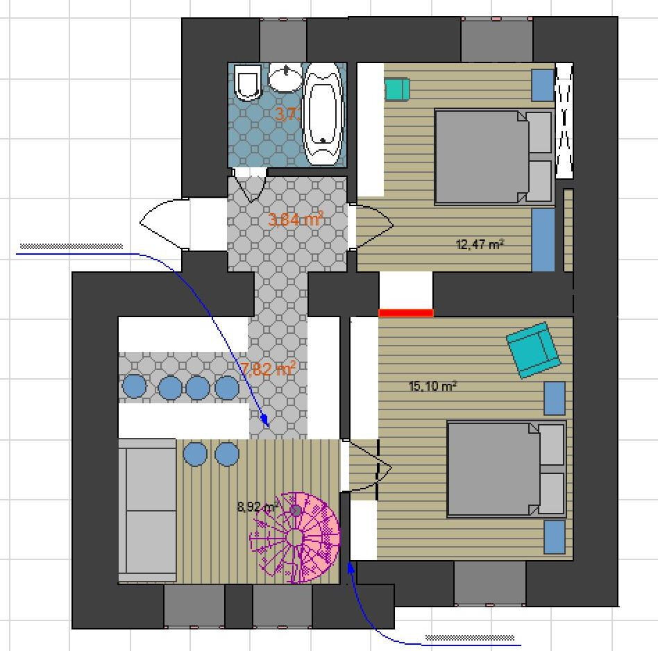 Кухню перенесли в гостиную, чтобы выделить место для двух изолированных спален. Такой сценарий удалось реализовать благодаря тому, что квартира находится на первом этаже. Площадь жилья увеличили за счёт антресольного этажа, на котором обустроили дополнительное спальное место.