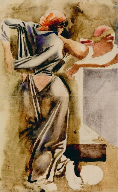 Самохвалов А.Н. Откатчитцы, 1934. Из серии "Девушки метростроя". Бумага, акварель. 45,2 x 28,1. Государственный Русский музей