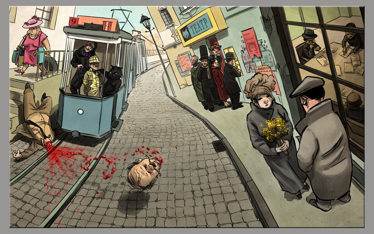 Берлиоз попадает под трамвай. Иллюстрация к роману "Мастер и Маргарита" (из открытых источников)