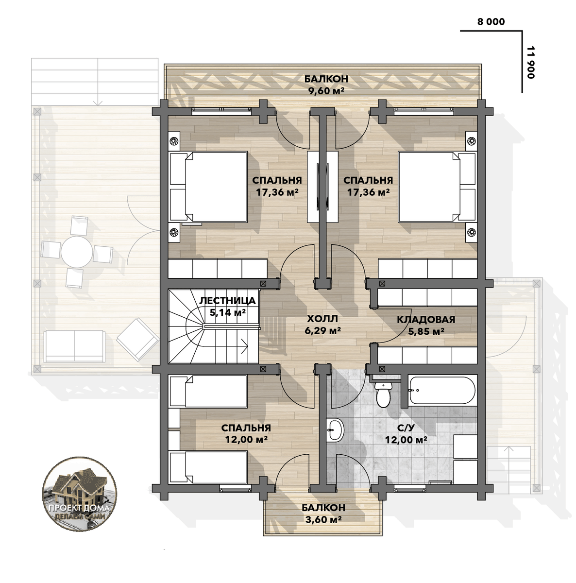 Дом из бруса 9,5х12,6 м., с мансардным этажом, общей площадью 193 кв.м.
