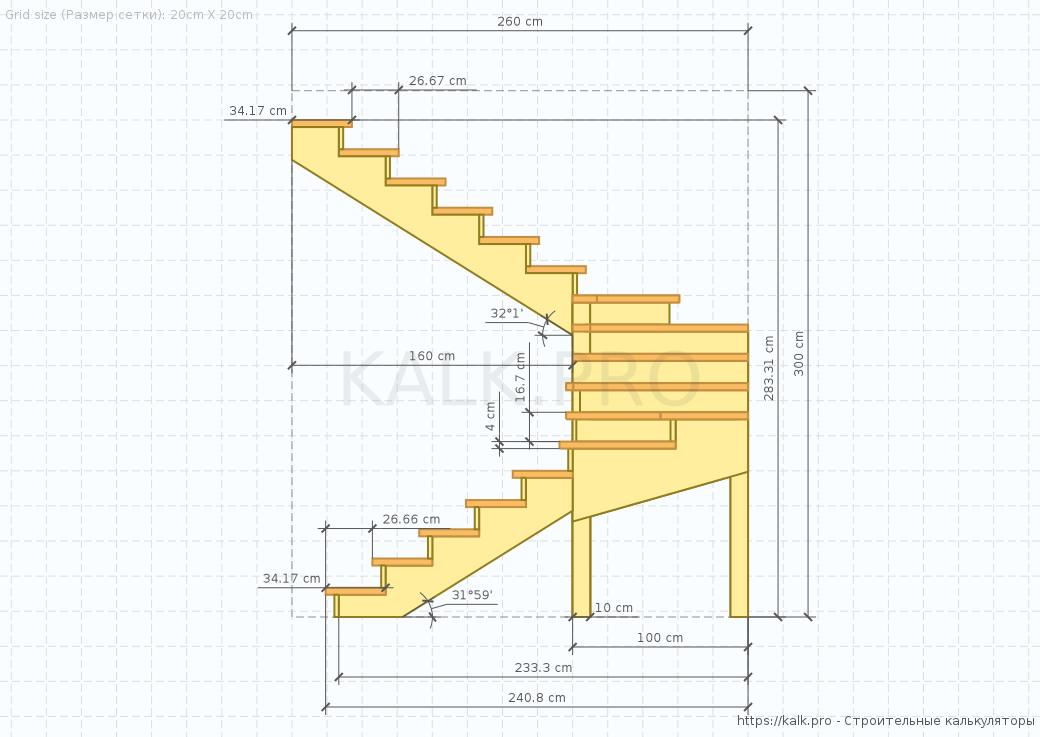 Чертеж лестницы.  Вид сбоку