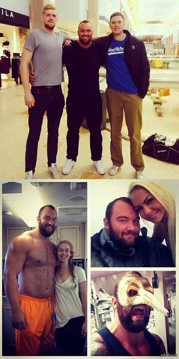 
Спортсмен-тяжелоатлет, больше известный, впрочем, как актер, исполняющий роль Григора Клигана в сериале «Игра престолов». Он один из самых больших бодибилдеров.  Данные Бьерссона впечатляют: его рост равен 206 см, а вес составляет около 200 кг. Несмотря на свой достаточно юный возраст – 26 лет – пауэрлифтер не раз завоевывал призовые места в соревнованиях за звание Самого сильного человека планеты. На фото Хафтор рядом с разными людьми, как видно даже такой большой человек меньше кого-то.