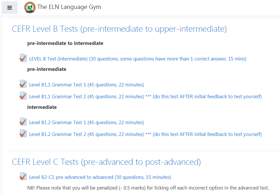 Скриншот оглавления онлайн-курса Level Tests https://gym.englishlab.net