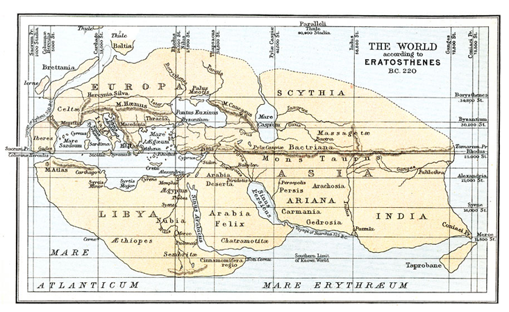 Карта мира Эратосфена: основываясь частично на записях путешествий Александра Македонского и его собственной математике, Эратосфен вычислил, что земные массы были разделены на четыре квадранта.Любезно предоставлено FCIT