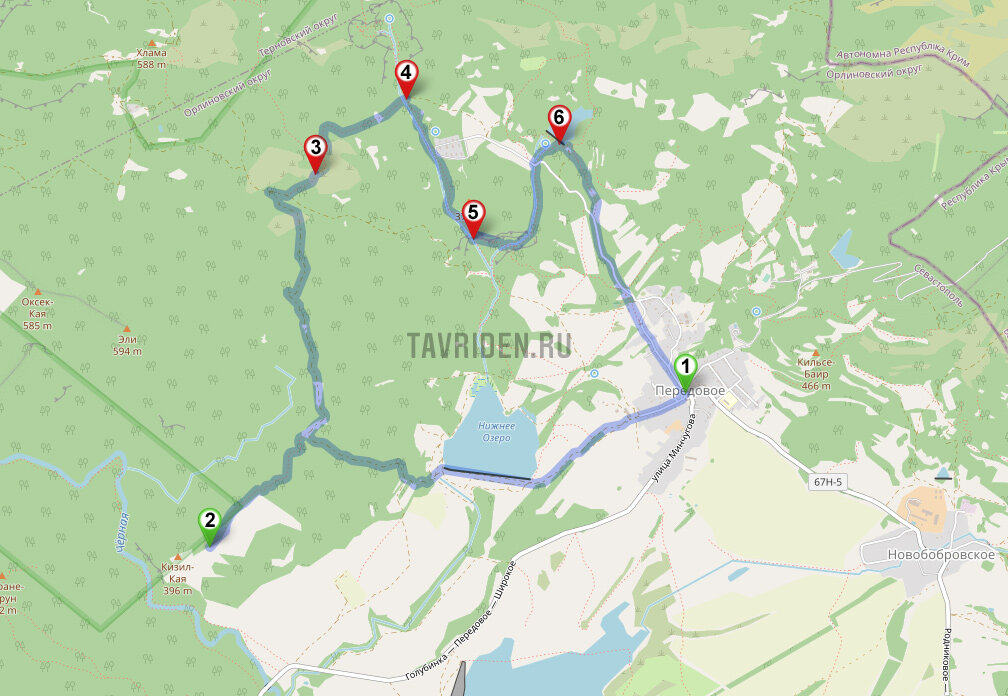 Пешеходный туристический маршрут на гору Кызыл-Кая на карте.
