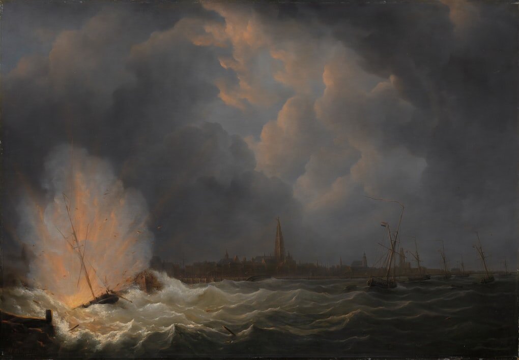 Title: The Explosion of Gunboat nr 2, under Command of Jan van Speijk, off Antwerp, 5 February 1831. Date: 1832