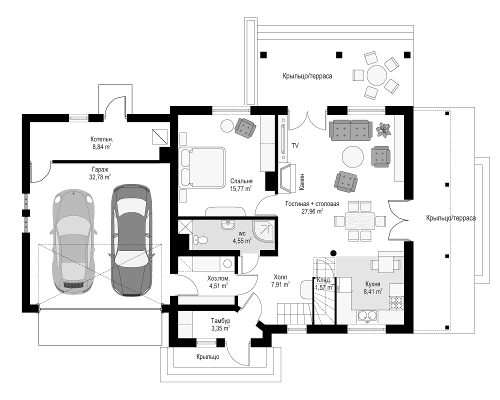 Проект дома с 4 спальнями и гаражом на 2 машины