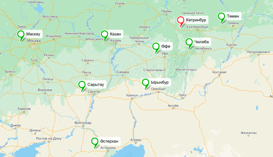 Карта с частью городов на тюркском языке / Конструктор карт Яндекса