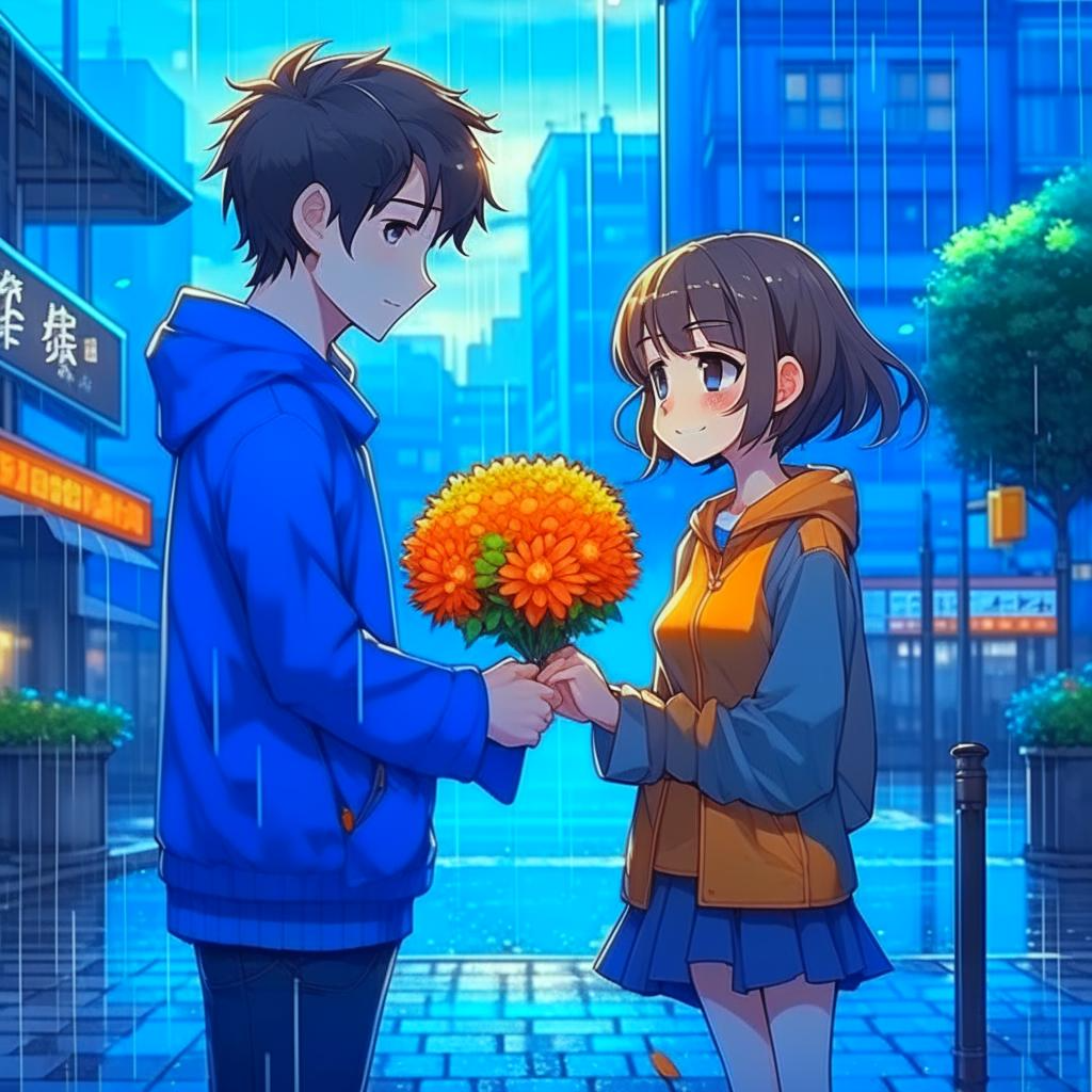 Мальчик дарит цветы девочке в городе под дождем