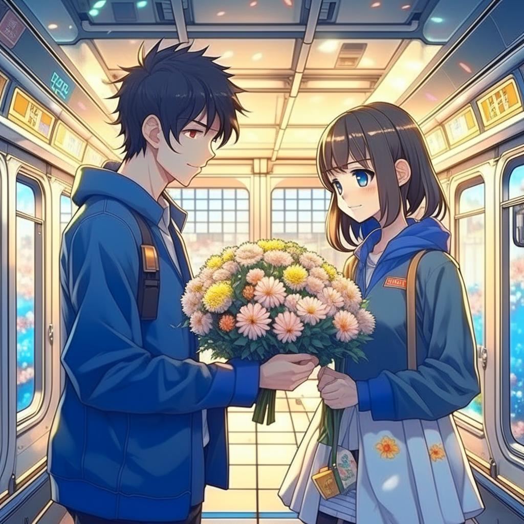 Мальчик дарит цветы девочке в метро
