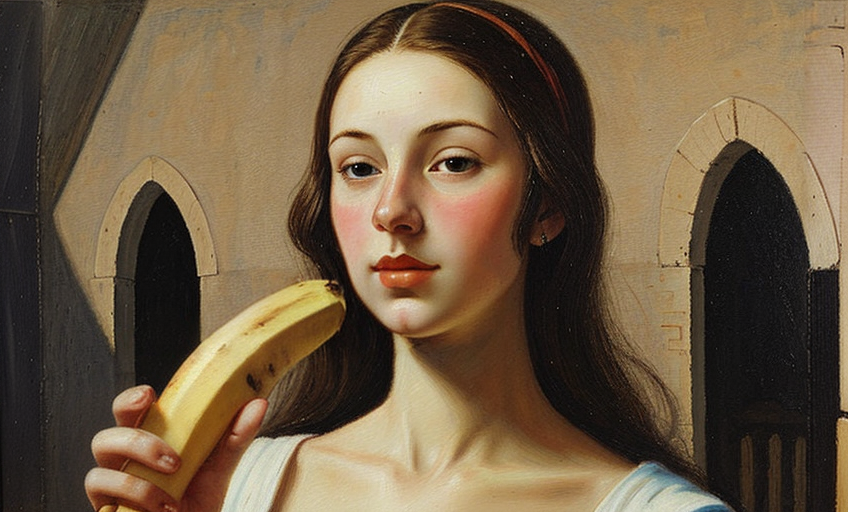 Средневековая картина "Девушка и фрукты"