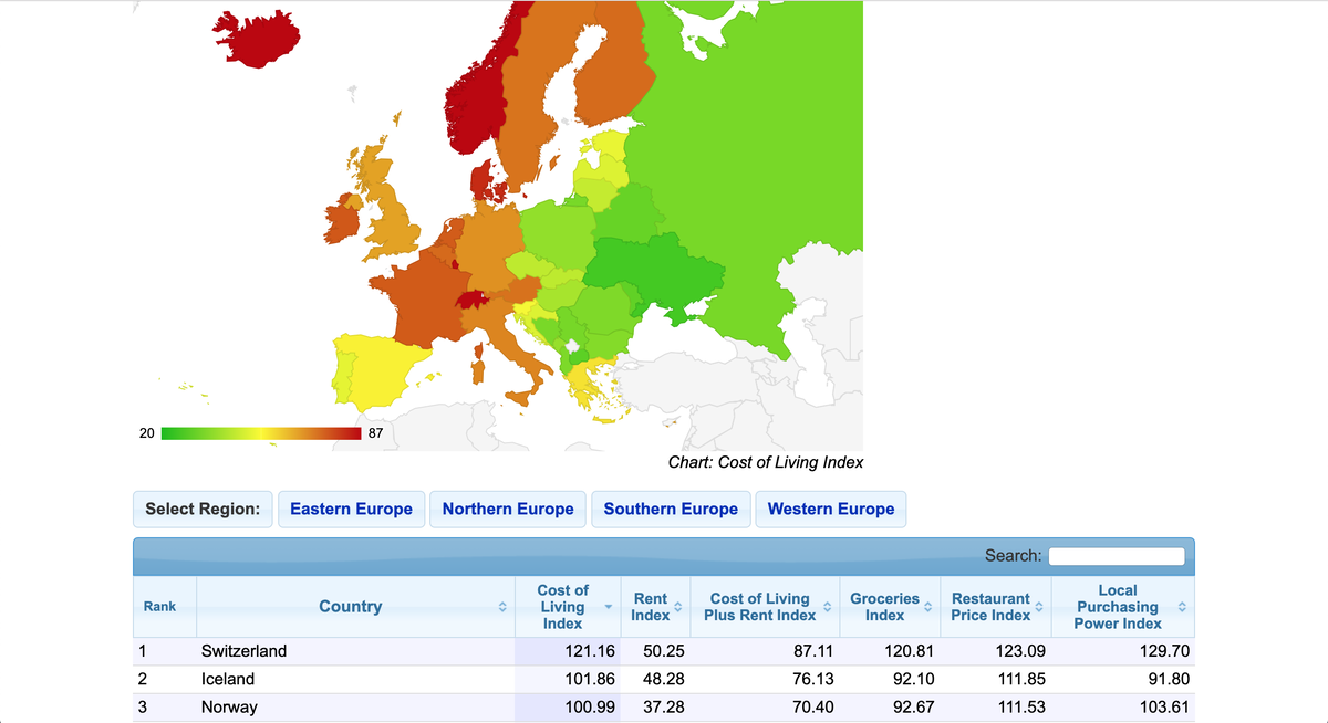 Красными отмечены области с высокой стоимостью проживания (numbeo.com)