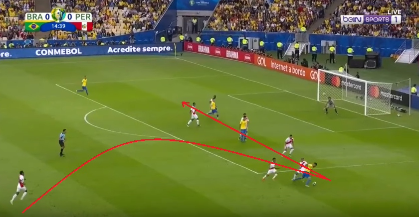 Первый гол сборной Бразилии: Алвес делает длинную передачу из глубины на Жезуса, а тот с помощью финтов вырывается из-под опеки и навешивает на Эвертона (его никто не держит).