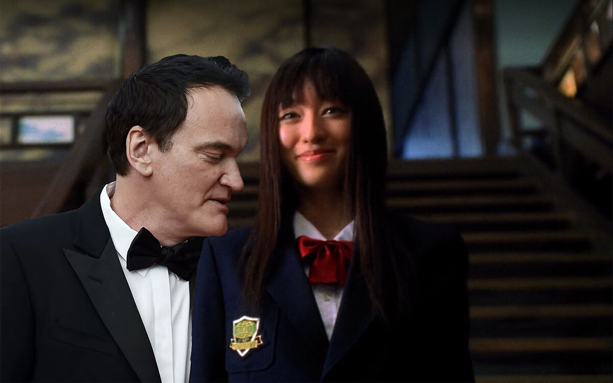 Квентин Тарантино (англ. Quentin Tarantino, кана クエンティン・タランティーノ) и Тиаки Курияма (англ. Chiaki Kuriyama, кандзи 栗山 千明), играющая роль 17-летней японской школьницы Гого Юбари (англ. Gogo Yubari, кандзи GOGO夕張) в его фильме "Убить Билла. Фильм 1" (англ. Kill Bill: Vol. 1, яп. キル・ビル Vol.1) [фотоколлаж]