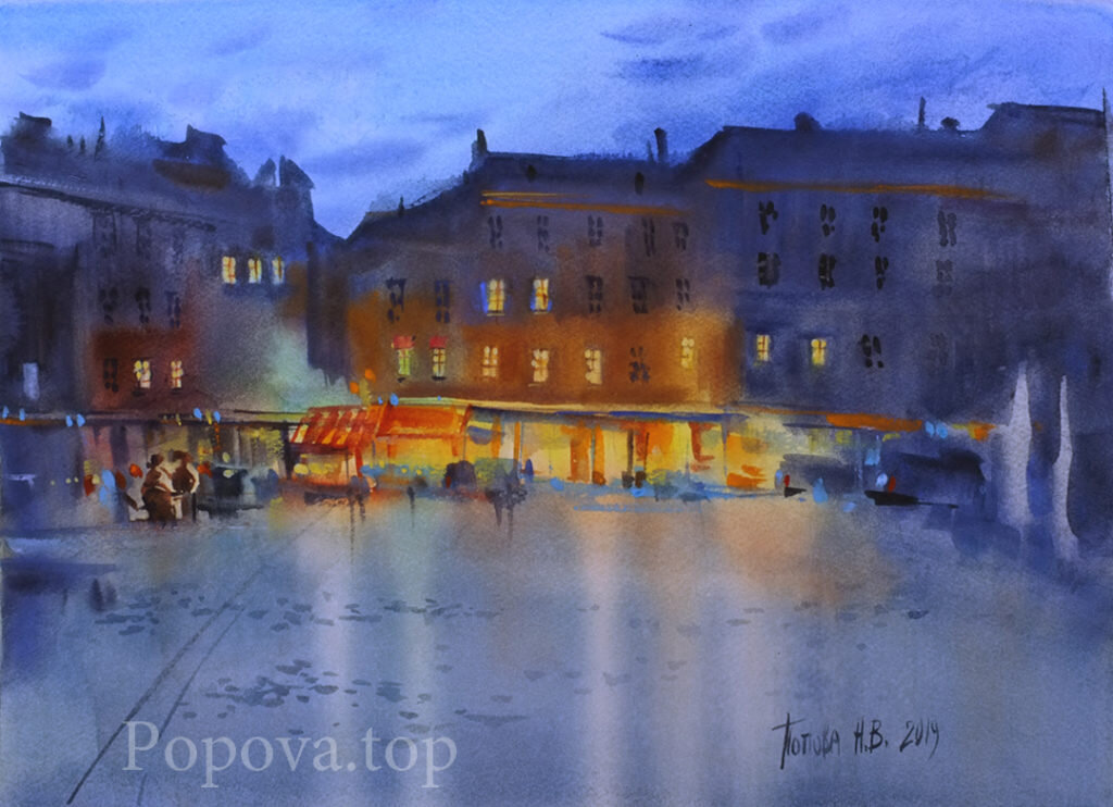 «Площадь после дождя» Картина Акварель 28х38 По мастер-классу Сергея Курбатова Наталия Попова — Профессиональный Художник 2019 год