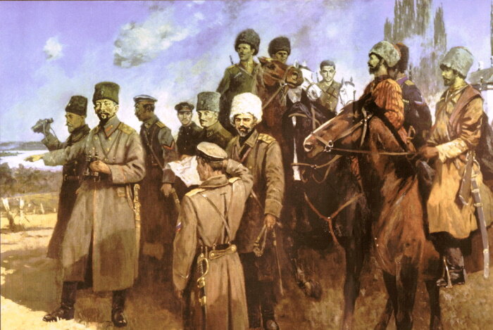 «Штурм Екатеринодара» (фрагмент картины художника Олега Авакимяна, 1996 г.). Крайний слева с биноклем — генерал-лейтенант Антон Деникин, второй слева — генерал от инфантерии Лавр Корнилов, в центре в белой папахе — генерал-лейтенант Сергей Марков 