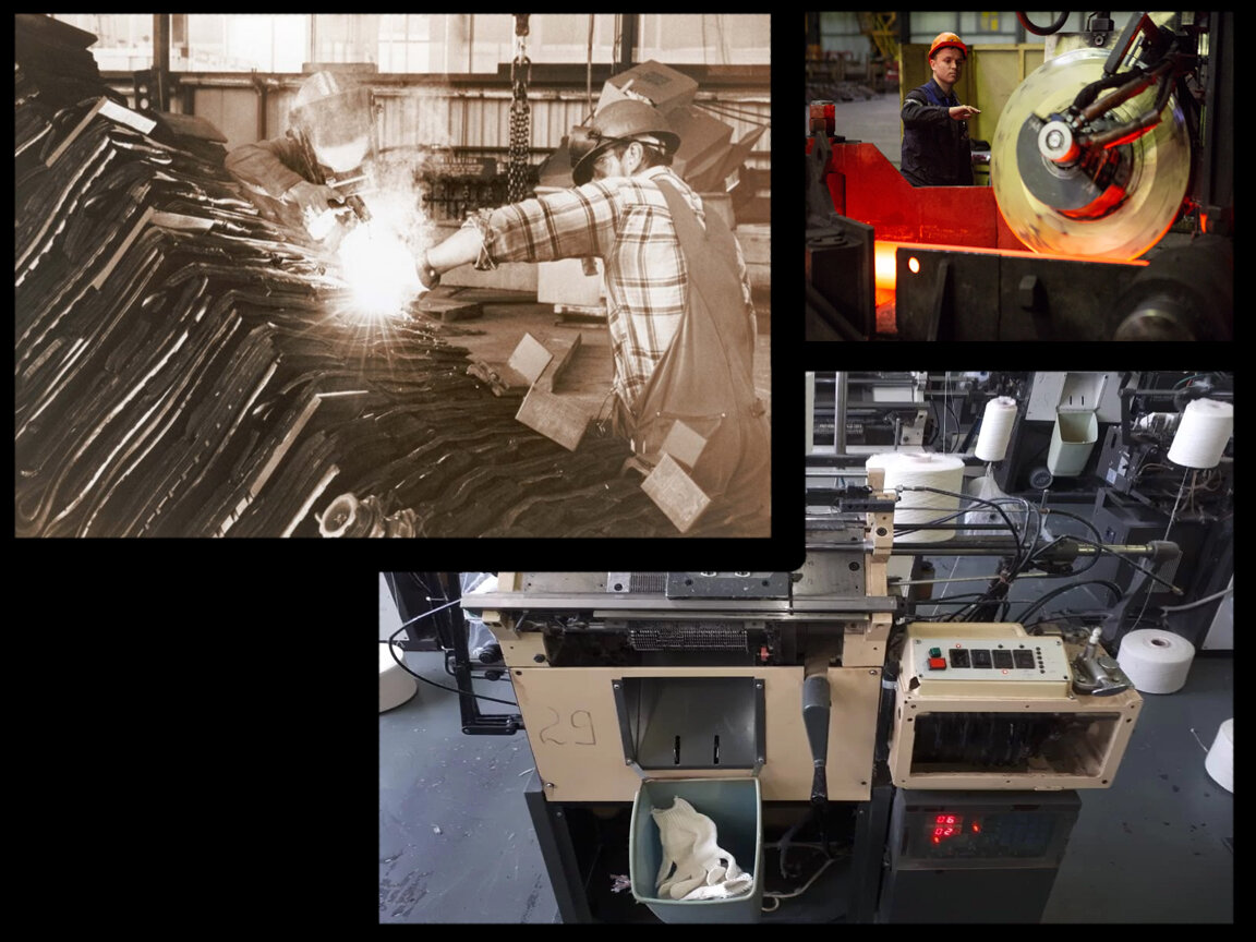 Фото трёх видов рабочей силы.Рабочие,станки и люди работающие со станками.