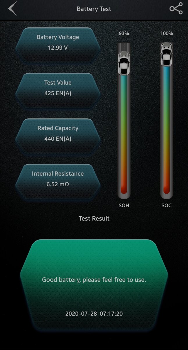 Замер M10,  SOH 93%; SOC 100%; V 12,99; CCA 425; R 6,52mOm; Good battery;