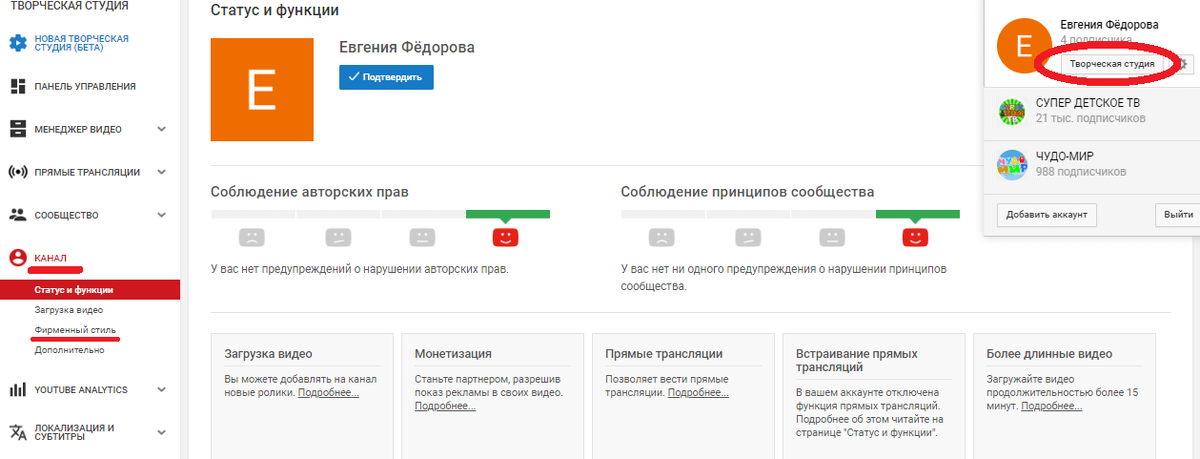 Зайдите в творческую студию и перейдите во вкладку «Канал» и кликните по клавише «Фирменный стиль».
