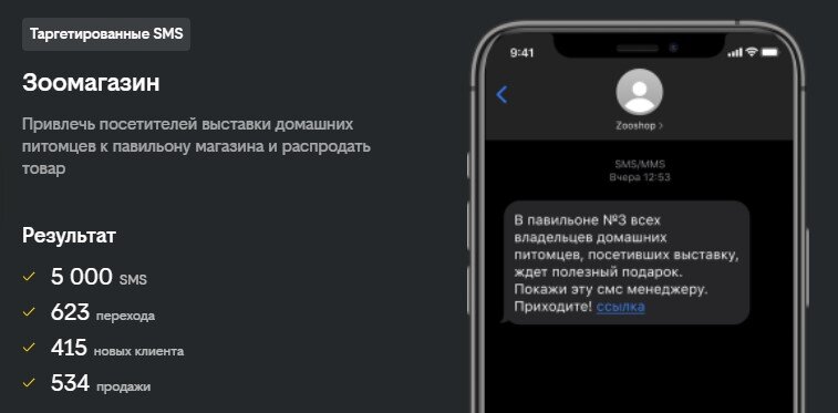 Зоомагазин запустил рассылку на посетителей выставки домашних животных, чтобы привлечь внимание к своему павильону. Результат на 5000 SMS — 623 перехода, 415 новых клиентов и 534 продажи